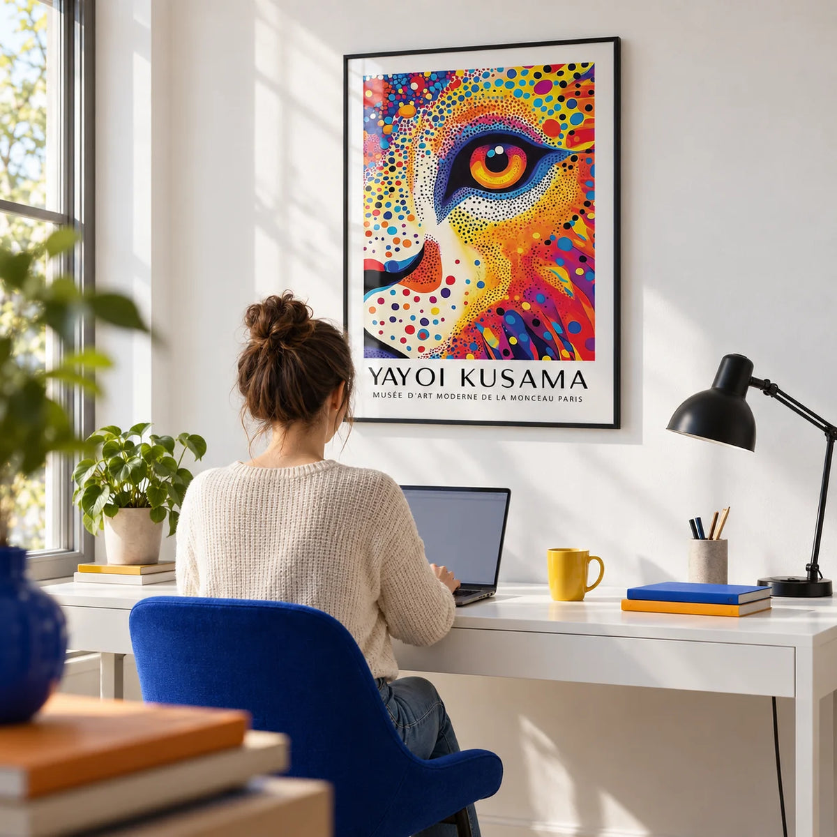 Lion Animal Poster, framed on the wall of a bright modern home office with a white wall