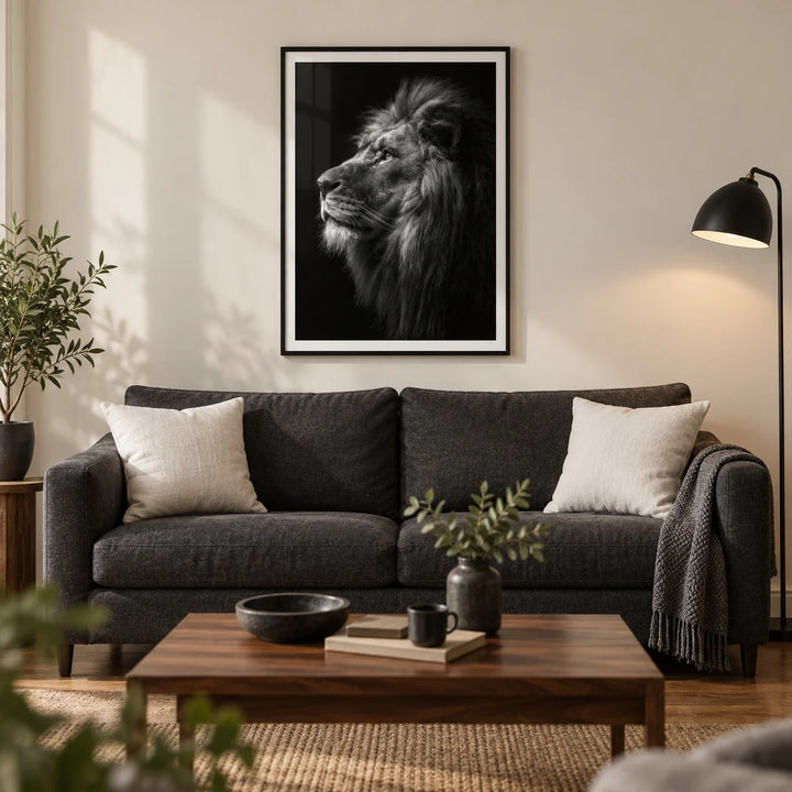 Lion Wall Art, framed on the wall of a contemporary living room in a UK terraced house with a warm white wall and walnut floorboards