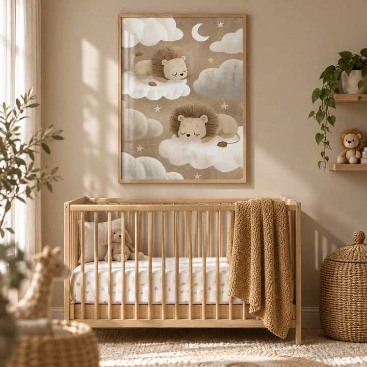 Lion Nursery Art, framed on the wall of a warm safari-calm nursery with a soft taupe wall