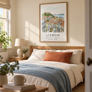Lisbon City Art Print, framed on the wall of a calm guest bedroom in a UK terraced home with warm cream walls