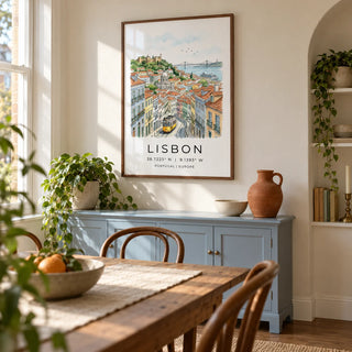 Lisbon City Art Print, framed on the wall of a characterful dining room in a UK flat with warm white walls and a small arched alcove