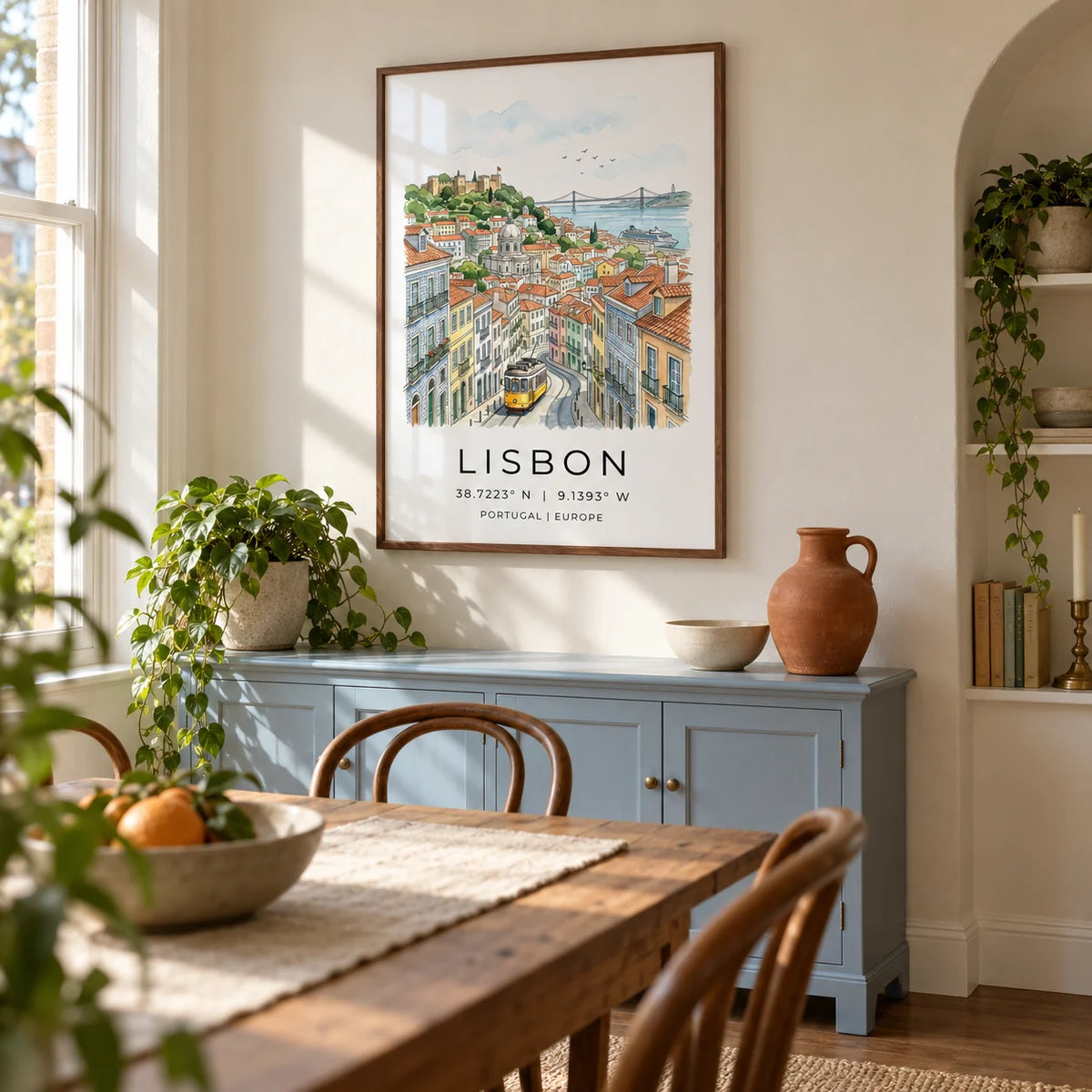 Lisbon City Art Print, framed on the wall of a characterful dining room in a UK flat with warm white walls and a small arched alcove