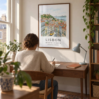 Lisbon City Art Print, framed on the wall of a quiet home study in a UK flat with a warm white wall and a wooden floor