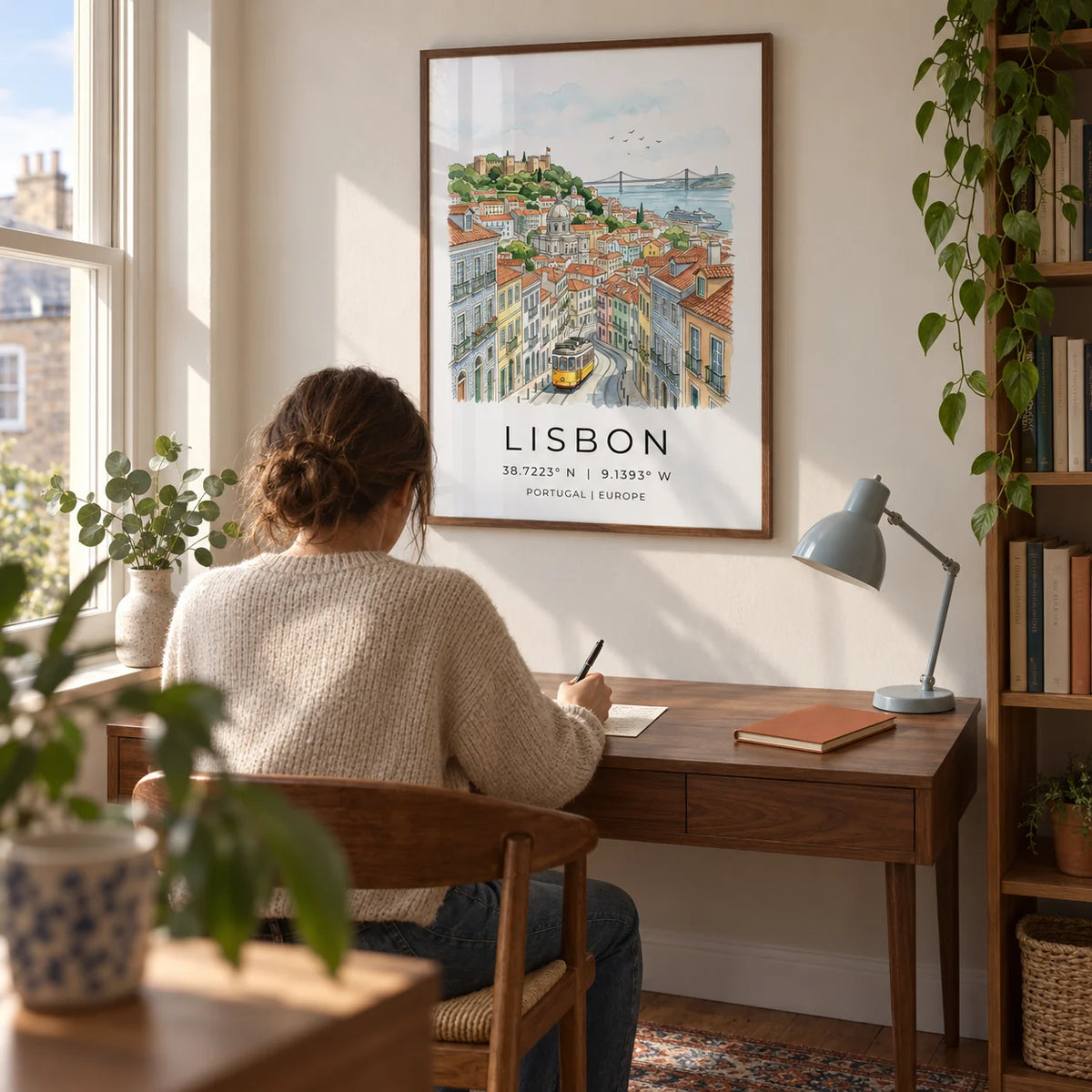 Lisbon City Art Print, framed on the wall of a quiet home study in a UK flat with a warm white wall and a wooden floor