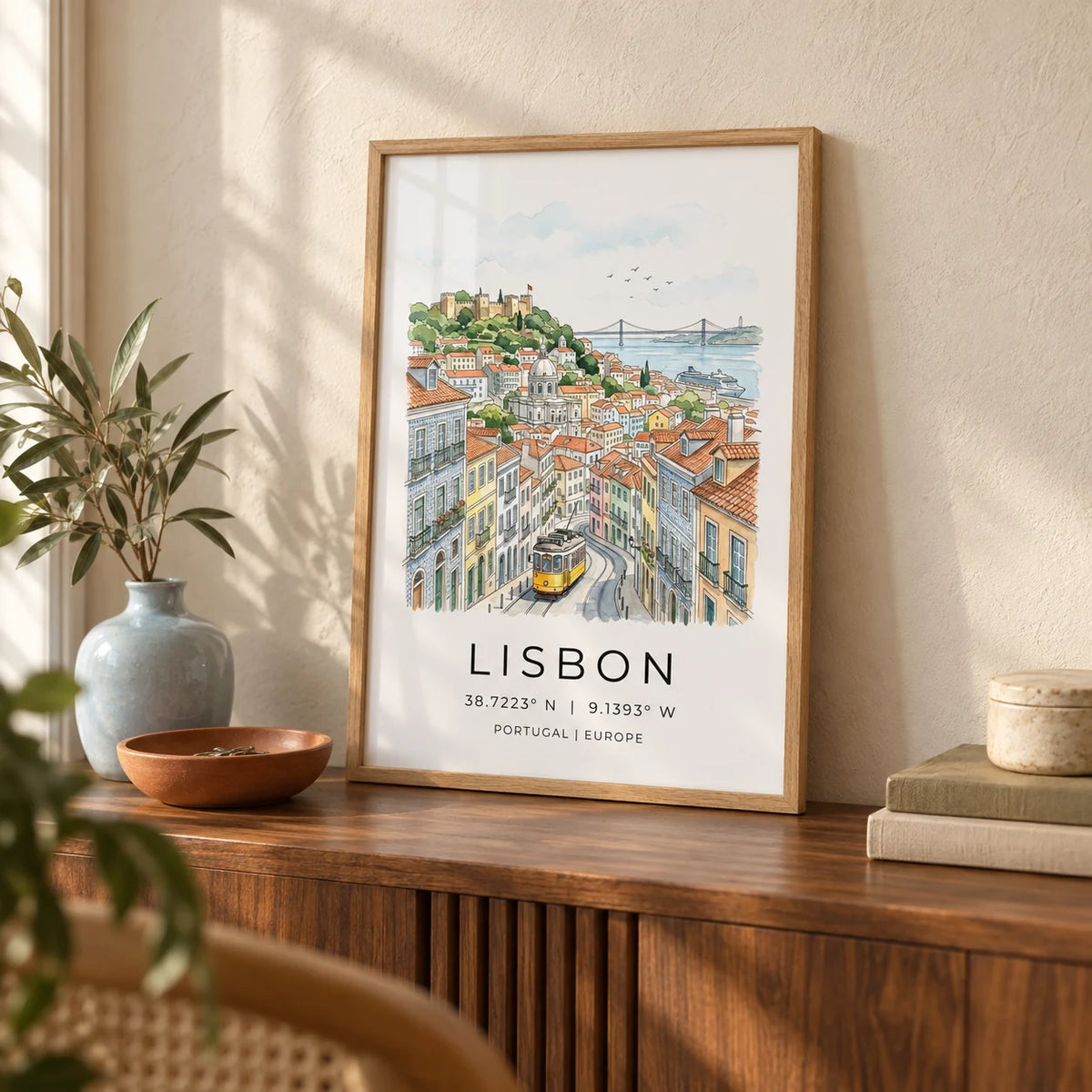 Lisbon City Art Print, a small A4 framed print leaning on a walnut side table in a hallway