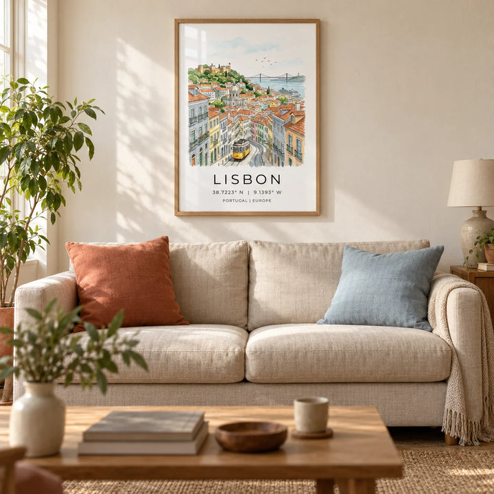 Lisbon City Art Print, framed on the wall of a warm living room in a UK terraced house with cream plaster walls and stripped wooden floorboards