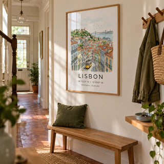 Lisbon City Art Print, framed on the wall of a welcoming narrow hallway in a Victorian terrace with pale cream walls and a plain terracotta floor