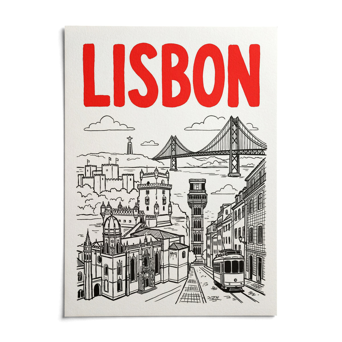 Lisbon Travel Art, shown as an unframed paper print on a plain white background