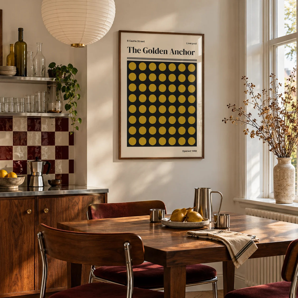 Liverpool Print, framed on the wall of a kitchen dining corner by a tall window in soft daylight
