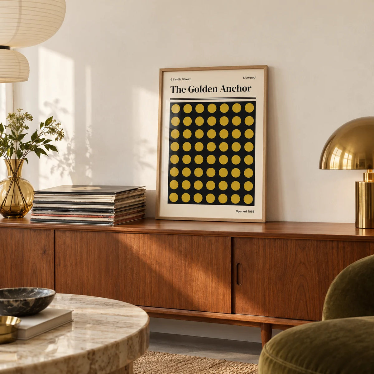 Liverpool Print, a small A4 framed print leaning on a teak sideboard in a living room