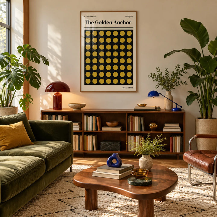 Liverpool Print, framed on the wall of a warm mid-century living room