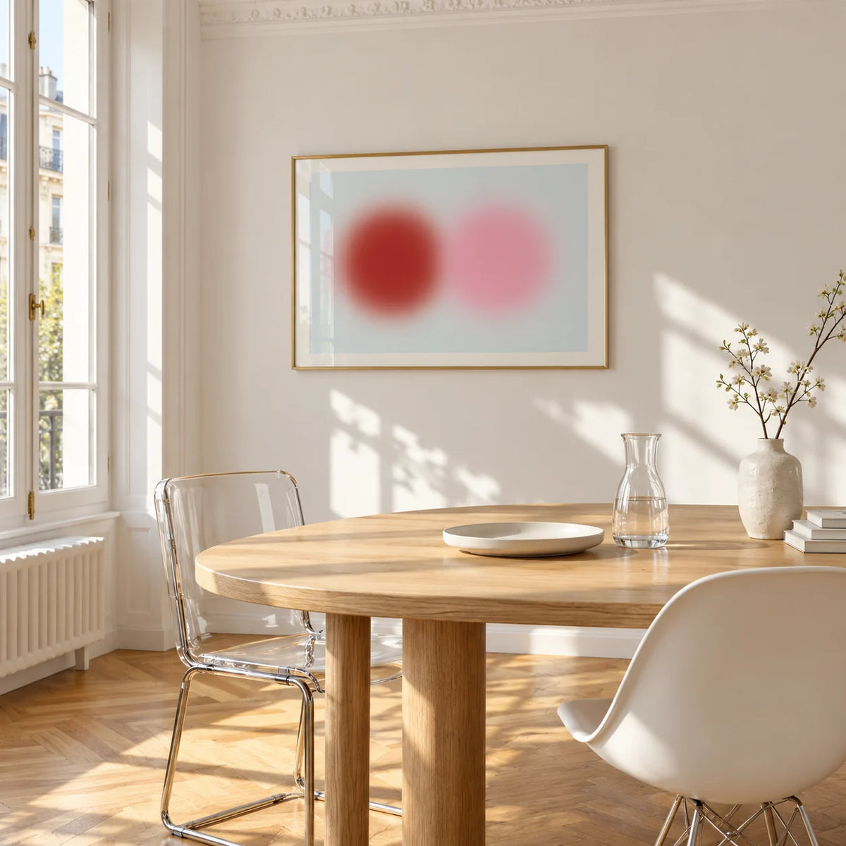 Red and Pink Circles Print, framed on the wall of a bright dining corner
