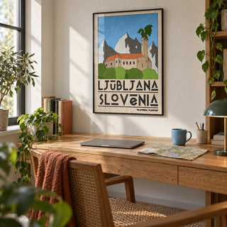 Ljubljana Slovenia Art Print, framed on the wall of a home office
