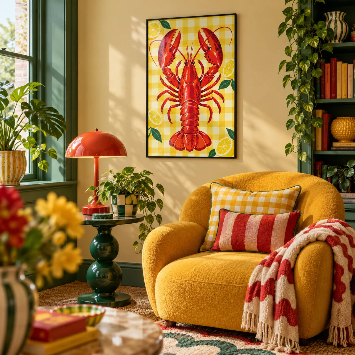 Lobster and Lemons Print, framed on the wall of a cosy maximalist reading nook in a living room