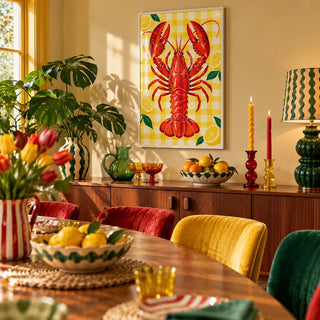 Lobster and Lemons Print, framed on the wall of a maximalist dining room