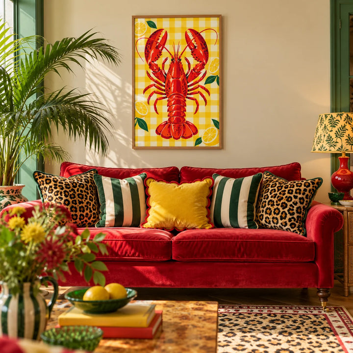 Lobster and Lemons Print, framed on the wall of a maximalist living room