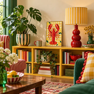 Lobster and Lemons Print, a small A4 framed print leaning on a low bookshelf in a living room