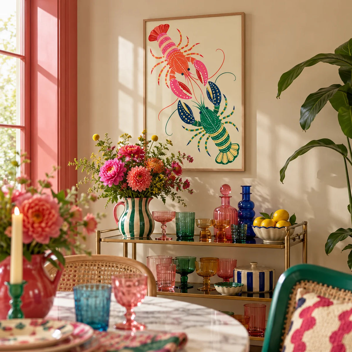 Lobster Wall Art, framed on the wall of a colourful dining corner