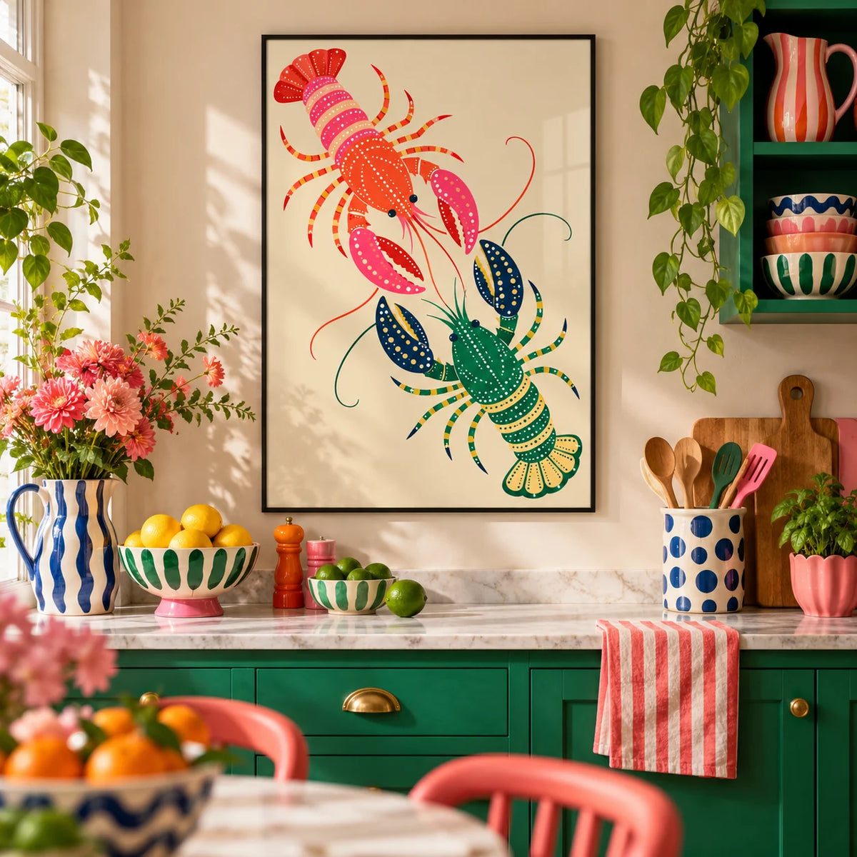 Lobster Wall Art, framed on the wall of a colourful dopamine kitchen