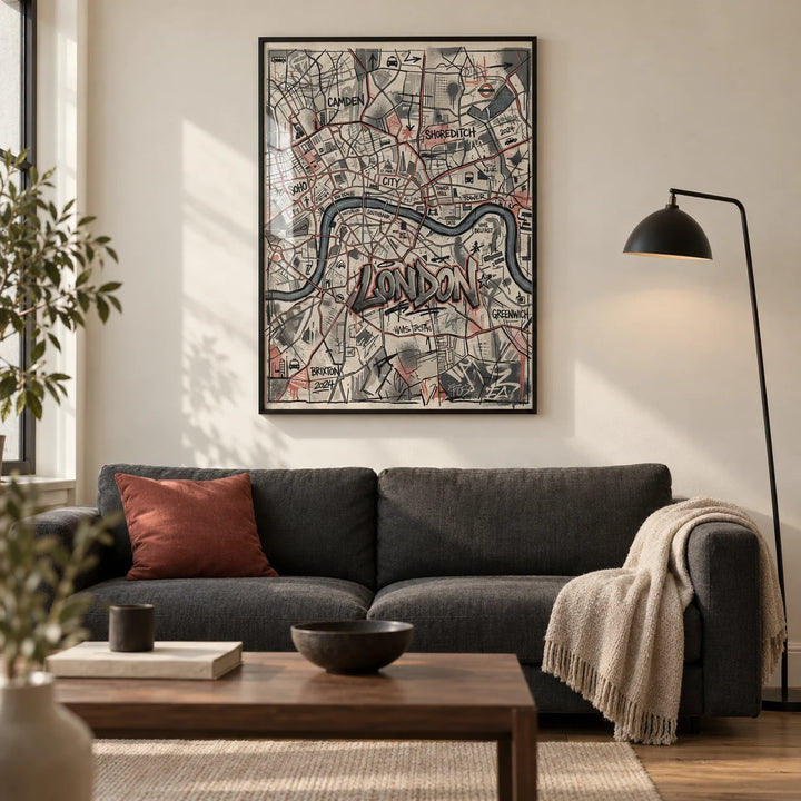 London City Map Wall Art, framed on the wall of a design-led living room in a London flat with warm off-white walls