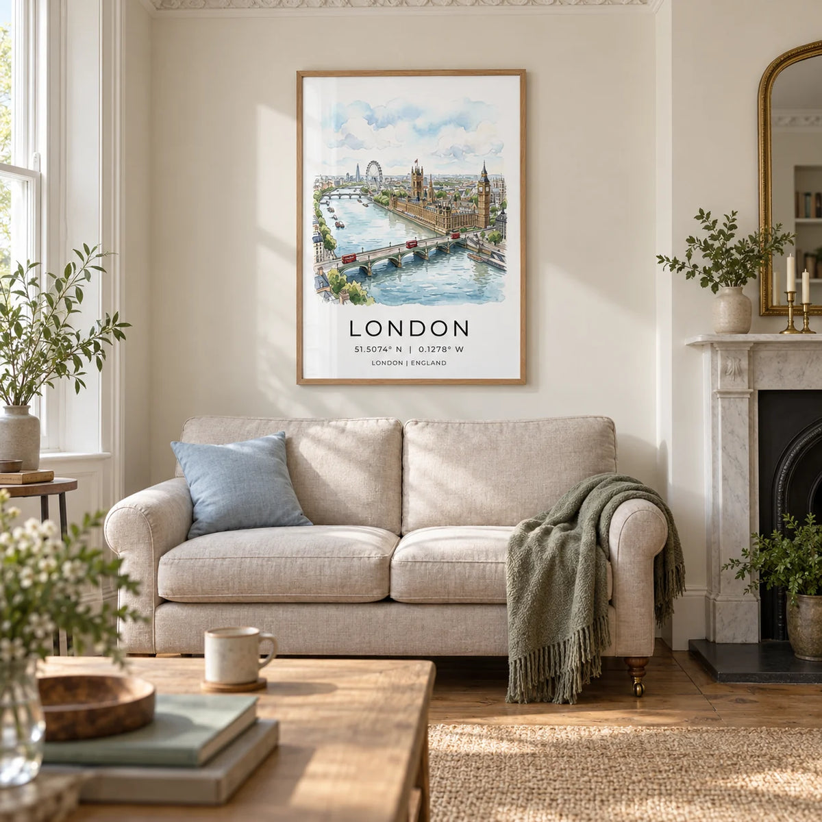 London Cityscape Print, framed on the wall of a light living room in a Victorian UK terrace with warm white walls