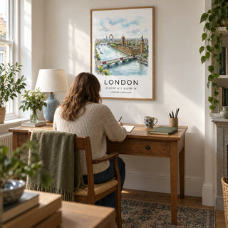 London Cityscape Print, framed on the wall of a quiet home study in a UK terraced house with chalk white walls and an oak floor