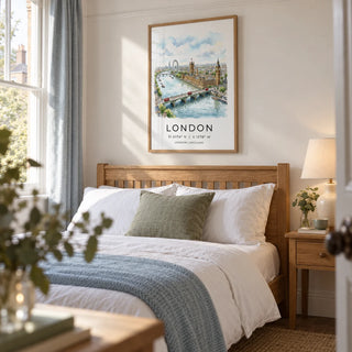 London Cityscape Print, framed on the wall of a restful guest bedroom in a UK period home with a soft white wall and simple picture rail