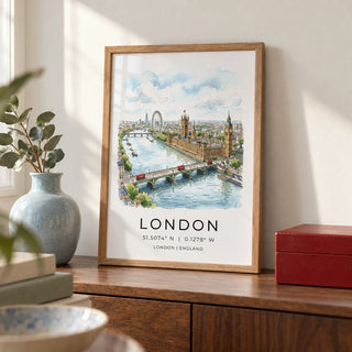 London Cityscape Print, a small A4 framed print leaning on a walnut sideboard in a living room