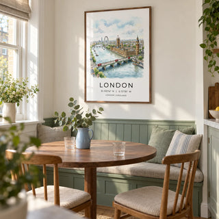 London Cityscape Print, framed on the wall of a small dining nook in a bright UK flat with warm white walls and a built-in sage green bench