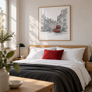 London England Wall Art, framed on the wall of a crisp bedroom in a city flat