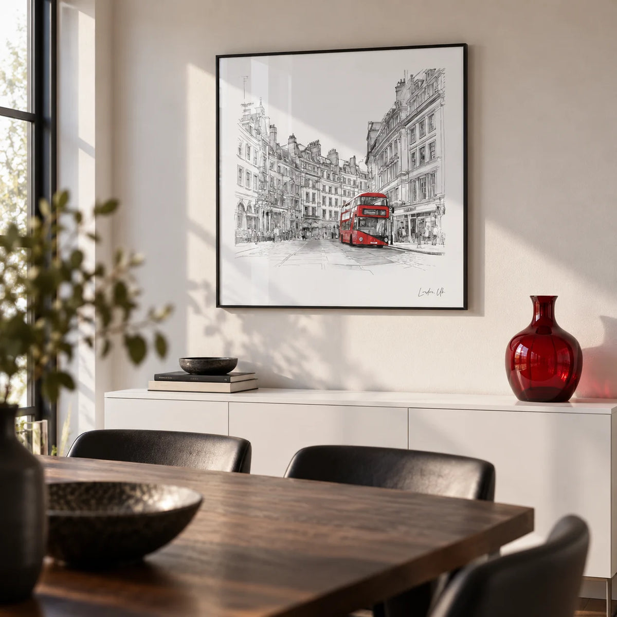 London England Wall Art, framed on the wall of a modern dining room