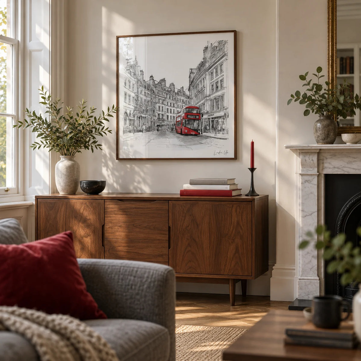 London England Wall Art, framed on the wall of a period London living room with a white fireplace