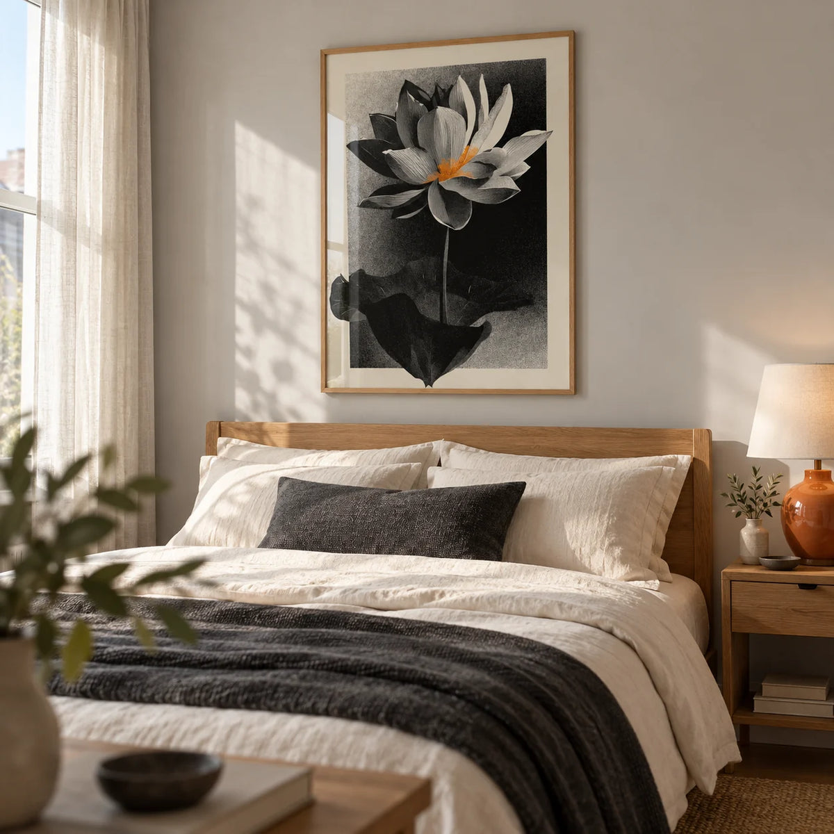 Lotus Flower Art Print, framed on the wall of a calm contemporary bedroom in a terraced house with a pale grey wall