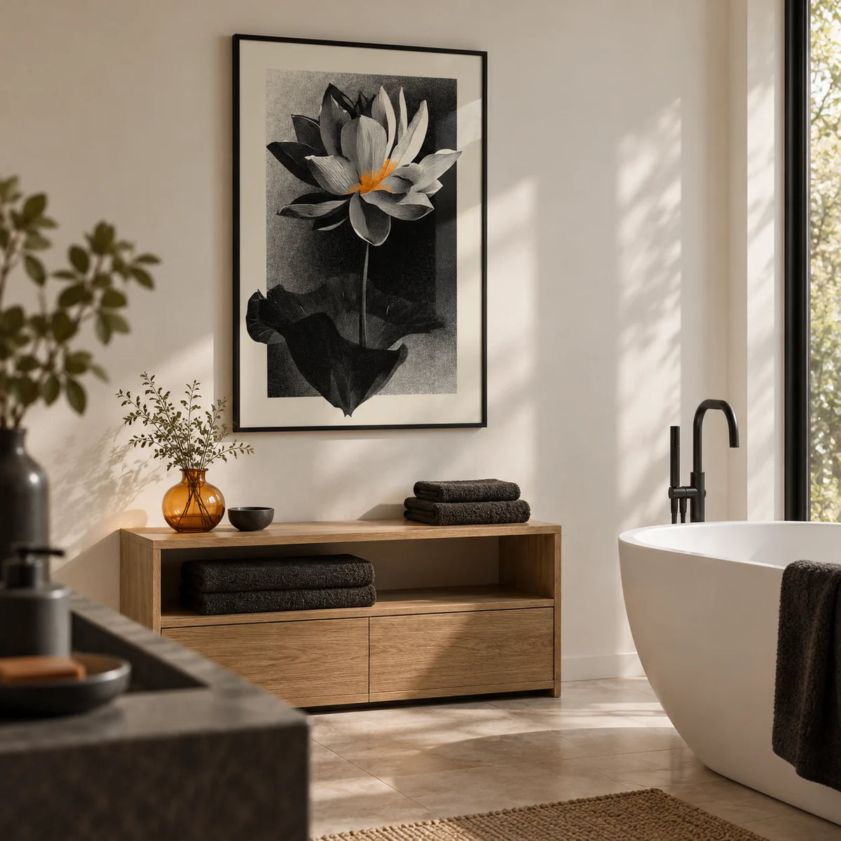 Lotus Flower Art Print, framed on the wall of a contemporary bathroom with pale stone flooring