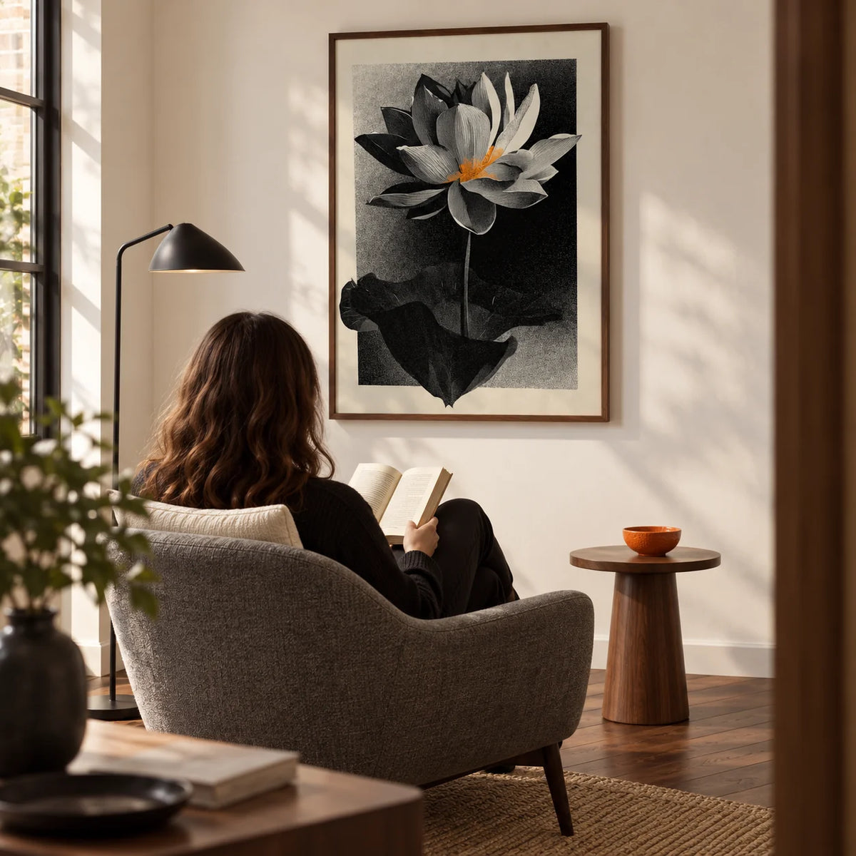 Lotus Flower Art Print, framed on the wall of a quiet reading corner in a design-led UK home with a warm white wall and walnut floorboards in a living room