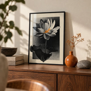 Lotus Flower Art Print, a small A4 framed print leaning on a walnut sideboard in a living room