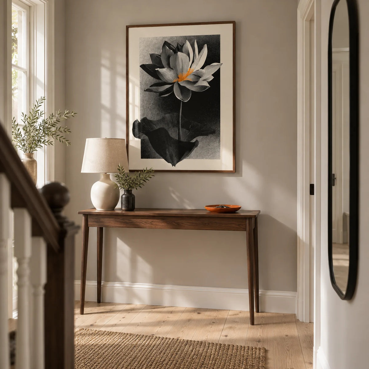 Lotus Flower Art Print, framed on the wall of a welcoming hallway in a renovated UK terrace with a warm grey wall and pale oak floor