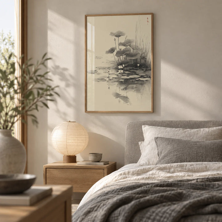Lotus Flower Wall Art, framed on the wall of a serene Japandi bedroom