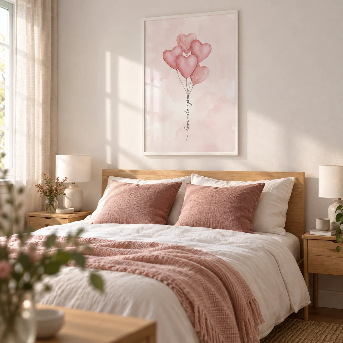 Love Heart Balloon Art Print, framed on the wall of a calm romantic bedroom in a young couple's UK home with a chalky white wall
