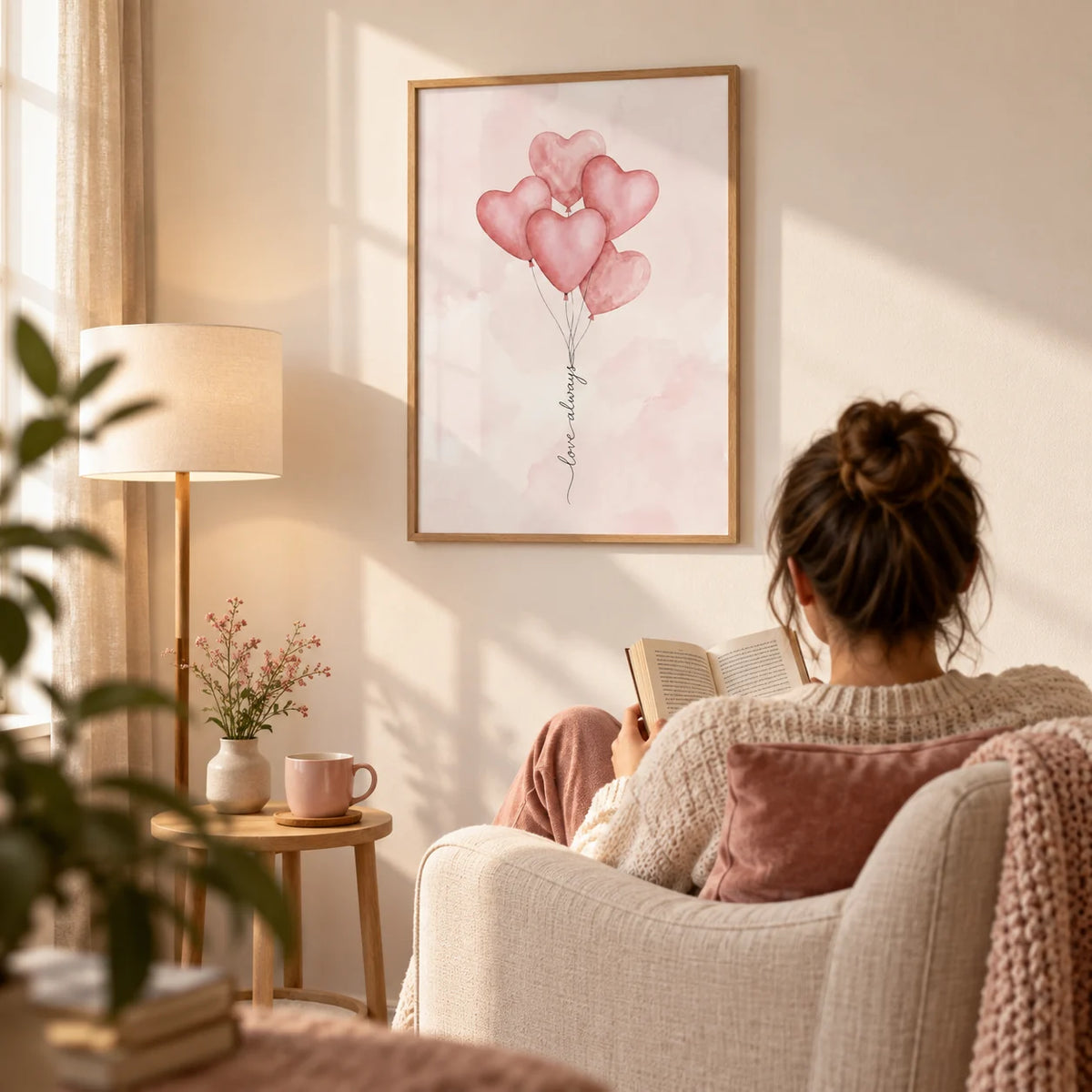 Love Heart Balloon Art Print, framed on the wall of a cosy reading corner in a couple's first flat (25-35) with a warm white wall in a living room