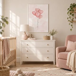 Love Heart Balloon Art Print, framed on the wall of a gentle modern nursery in a UK terraced home with a warm white wall and pale oak floor