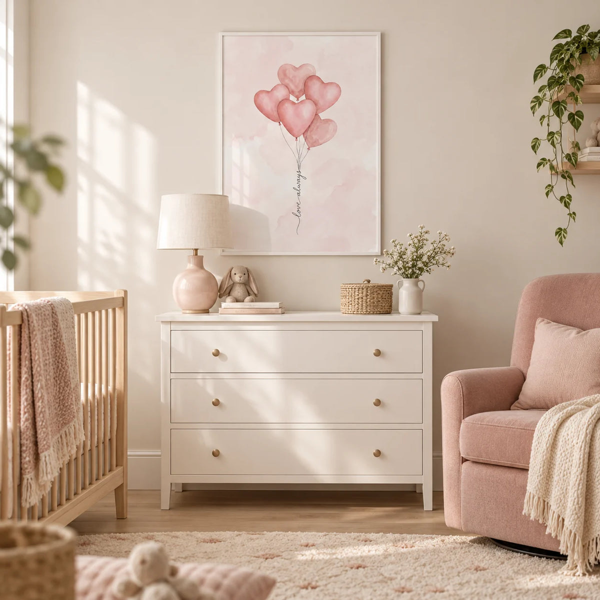 Love Heart Balloon Art Print, framed on the wall of a gentle modern nursery in a UK terraced home with a warm white wall and pale oak floor