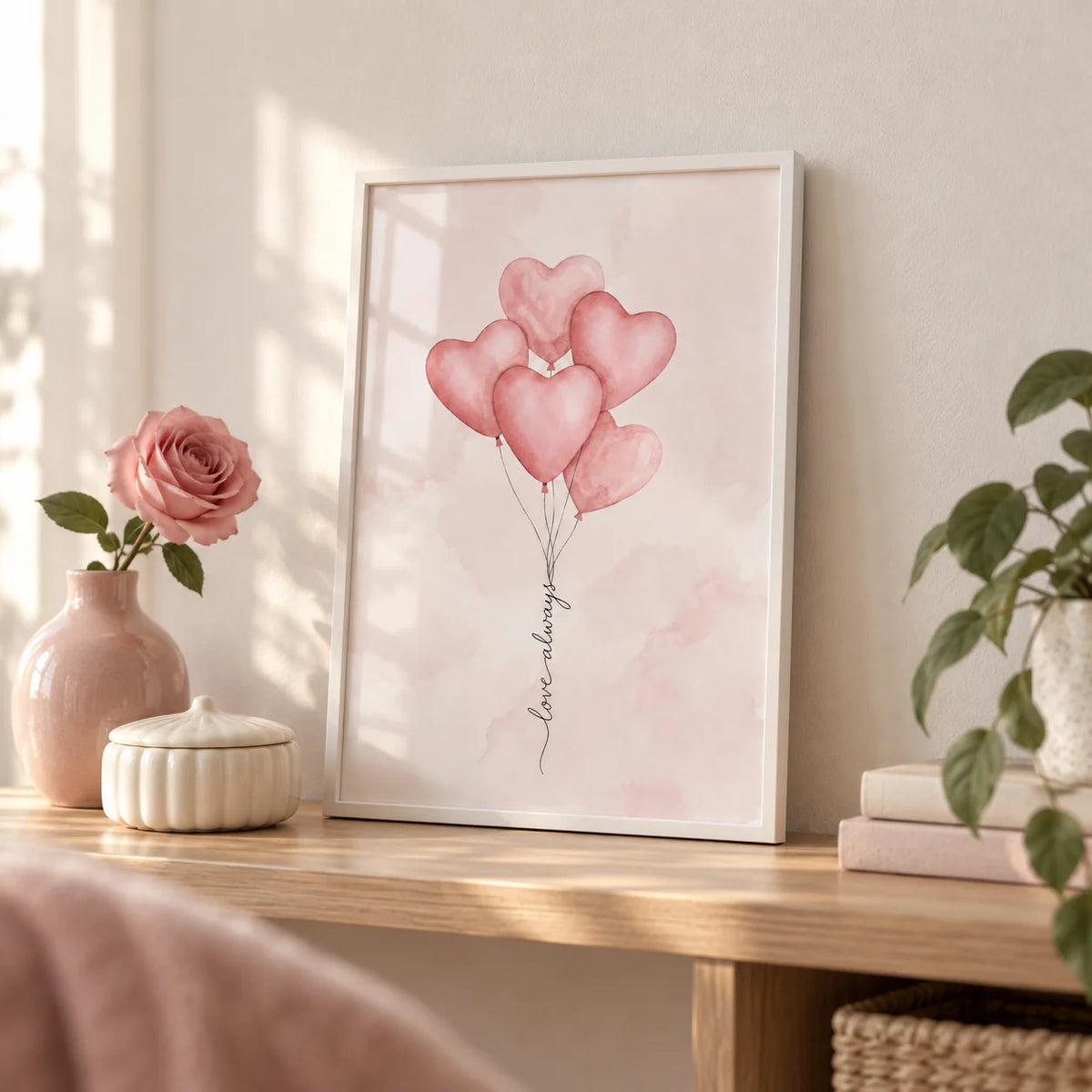 Love Heart Balloon Art Print, a small A4 framed print leaning on a pale oak shelf in a living room