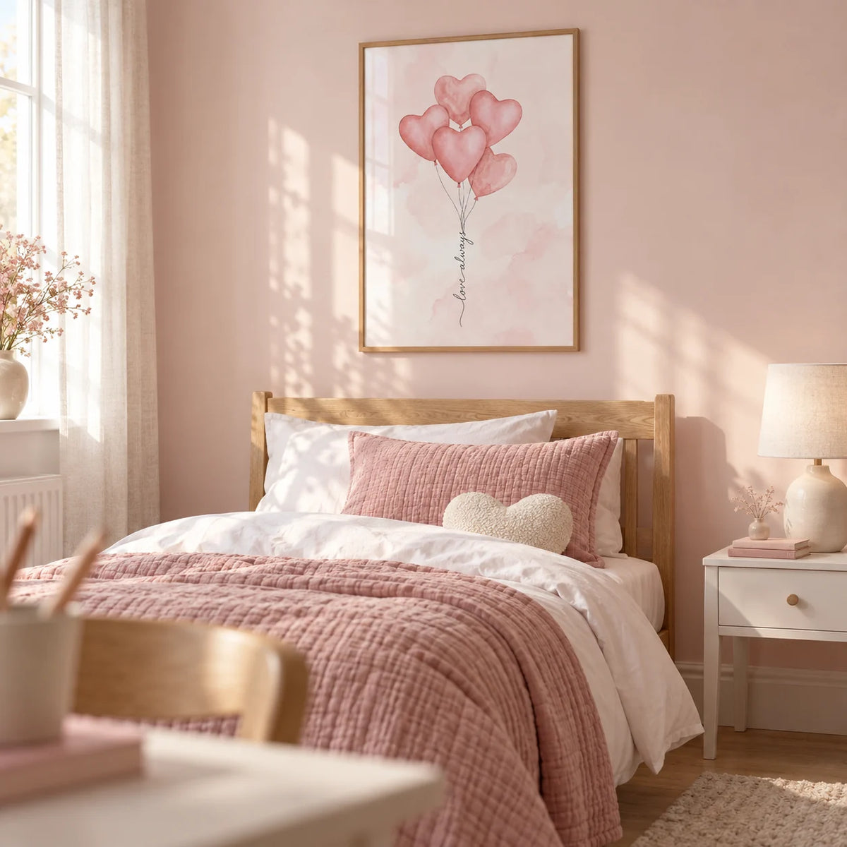Love Heart Balloon Art Print, framed on the wall of a soft Scandi single bedroom for a girl with a pale blush wall