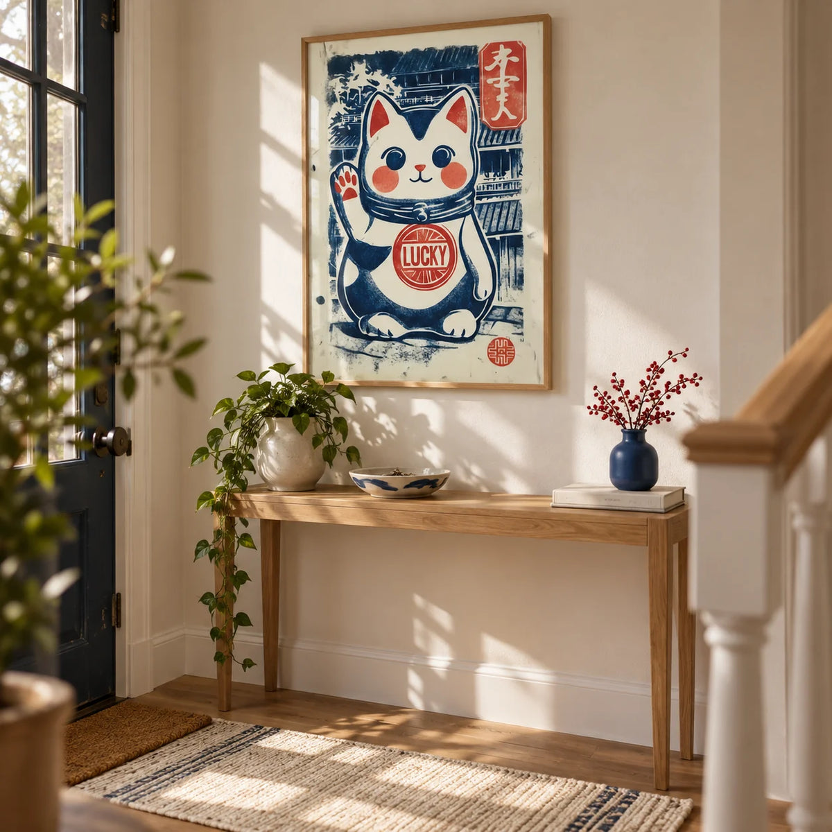 Lucky Cat Charm, framed on the wall of a welcoming entrance hall by the front door