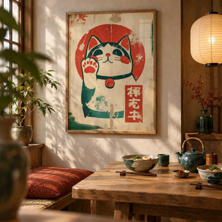 Lucky Cat Maneki-Neko, framed on the wall of a Japanese-inspired dining nook