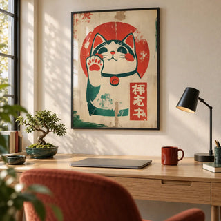 Lucky Cat Maneki-Neko, framed on the wall of a tidy home office