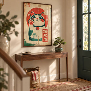 Lucky Cat Maneki-Neko, framed on the wall of a welcoming hallway by the front door