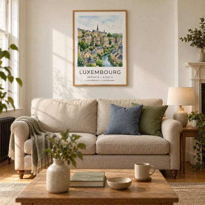 Luxembourg City Wall Art, framed on the wall of a calm living room in a UK Victorian terrace with warm white plaster walls and honey oak floorboards