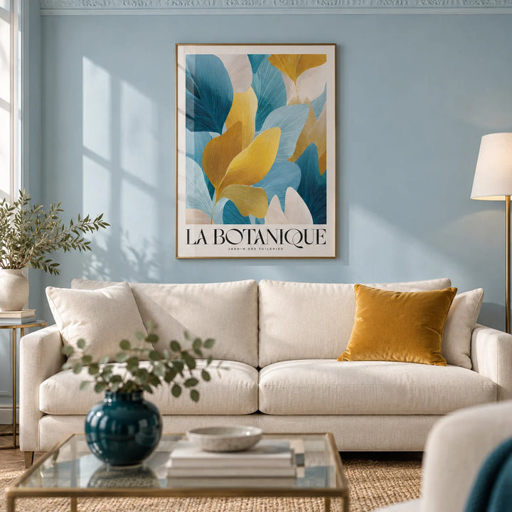 Luxurious Wall Art, framed on the wall of an elegant drawing room with a soft sky blue painted wall and cornicing in a living room